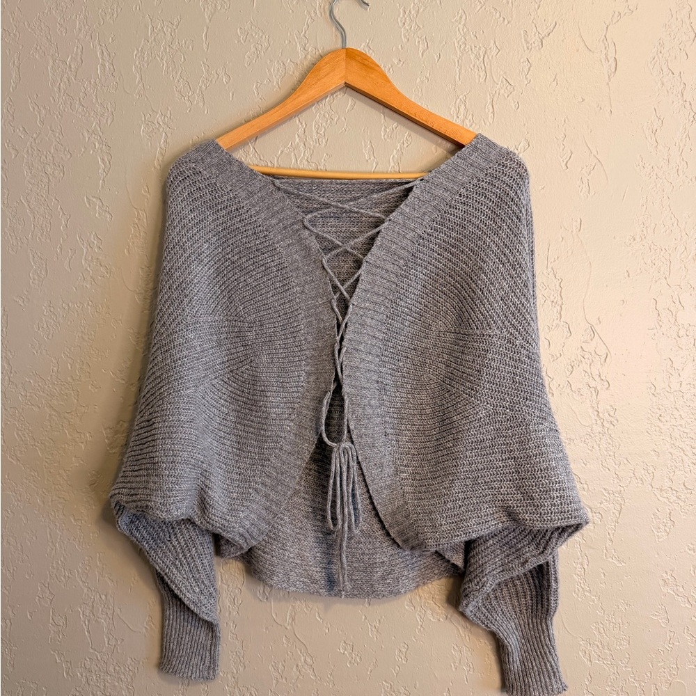Cozy Gray Women's Sweater with Lace-Up Back